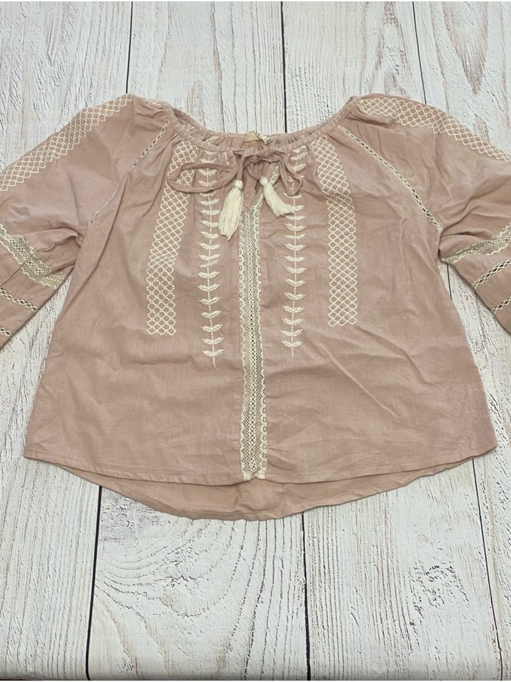 Boho Embroidered Tie-Front Blouse - Blush small